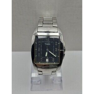 Timex Rectangular Quartz Date Watch Steel Bracelet Black Dial WR 50M New Battery